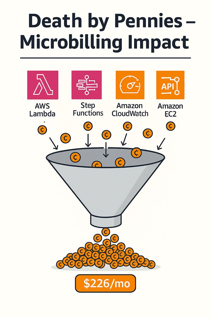 A diagram of AWS Lambda, Step Functions, CloudWatch, and EC2 funneling small charges that pile up into a $226 per month bill.
